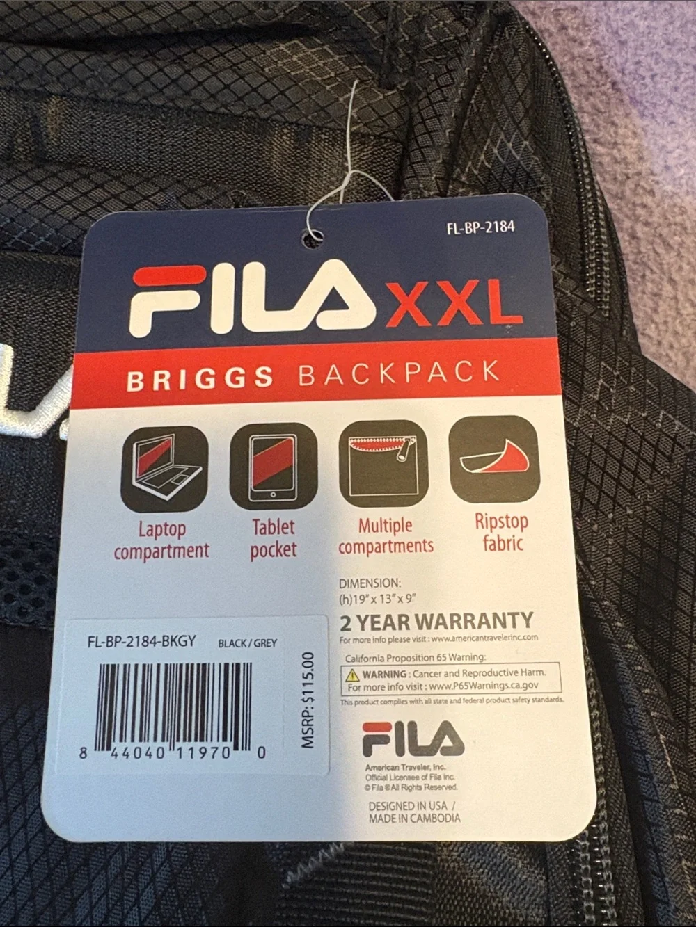 NWT Fila Black XXLMen’s Backpack with Logo Tag